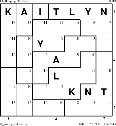 The grouppuzzles.com Challenging Kaitlyn puzzle for  with all 13 steps marked