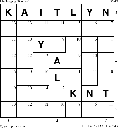 The grouppuzzles.com Challenging Kaitlyn puzzle for , suitable for printing, with all 13 steps marked