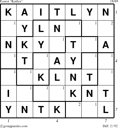 The grouppuzzles.com Easiest Kaitlyn puzzle for , suitable for printing, with all 2 steps marked