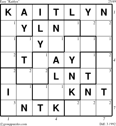 The grouppuzzles.com Easy Kaitlyn puzzle for  with all 3 steps marked