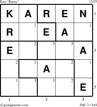 The grouppuzzles.com Easy Karen puzzle for , suitable for printing, with all 3 steps marked