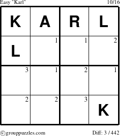 The grouppuzzles.com Easy Karl puzzle for  with the first 3 steps marked