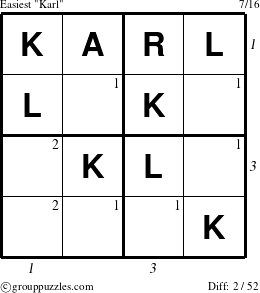 The grouppuzzles.com Easiest Karl puzzle for , suitable for printing, with all 2 steps marked