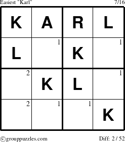 The grouppuzzles.com Easiest Karl puzzle for  with the first 2 steps marked