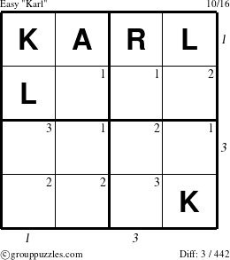 The grouppuzzles.com Easy Karl puzzle for  with all 3 steps marked