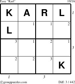 The grouppuzzles.com Easy Karl puzzle for , suitable for printing, with all 3 steps marked