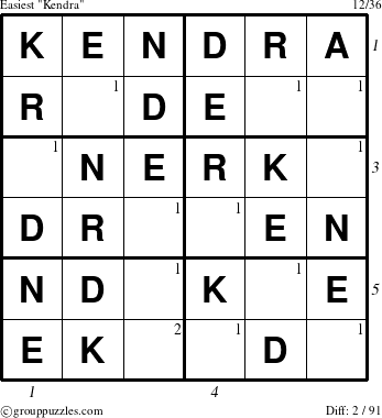 The grouppuzzles.com Easiest Kendra puzzle for , suitable for printing, with all 2 steps marked