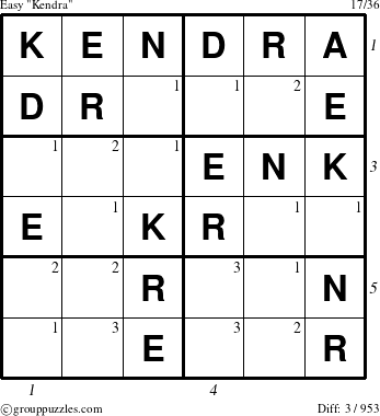 The grouppuzzles.com Easy Kendra puzzle for , suitable for printing, with all 3 steps marked