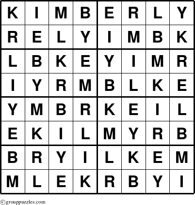 The grouppuzzles.com Answer grid for the Kimberly puzzle for 