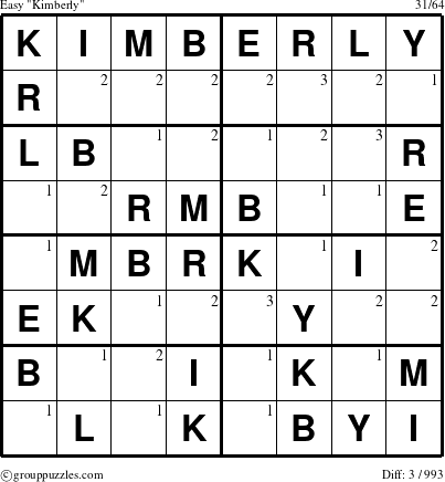 The grouppuzzles.com Easy Kimberly puzzle for  with the first 3 steps marked