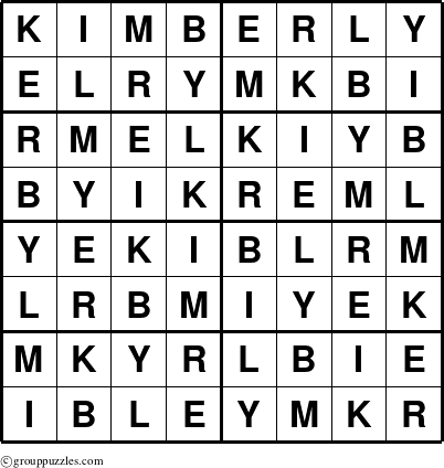 The grouppuzzles.com Answer grid for the Kimberly puzzle for 