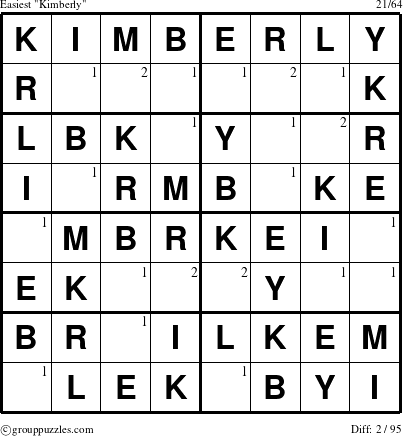 The grouppuzzles.com Easiest Kimberly puzzle for  with the first 2 steps marked