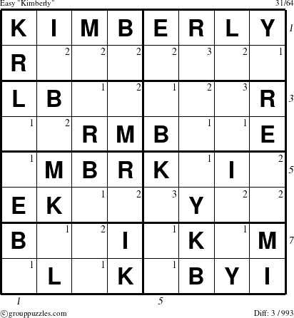 The grouppuzzles.com Easy Kimberly puzzle for , suitable for printing, with all 3 steps marked