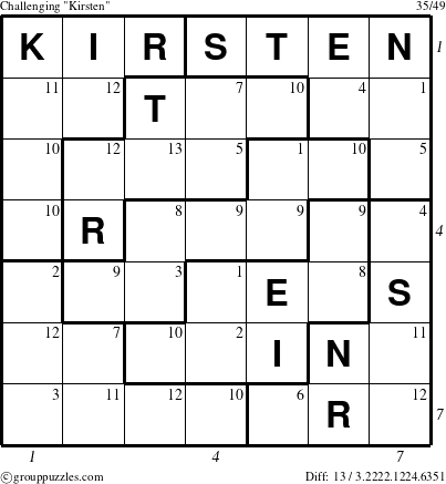 The grouppuzzles.com Challenging Kirsten puzzle for , suitable for printing, with all 13 steps marked