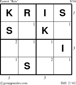 The grouppuzzles.com Easiest Kris puzzle for , suitable for printing, with all 2 steps marked