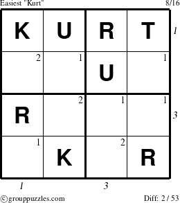 The grouppuzzles.com Easiest Kurt puzzle for , suitable for printing, with all 2 steps marked