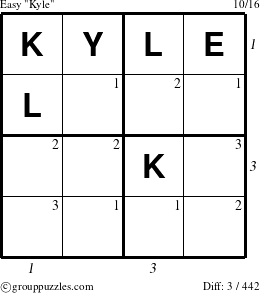 The grouppuzzles.com Easy Kyle puzzle for , suitable for printing, with all 3 steps marked