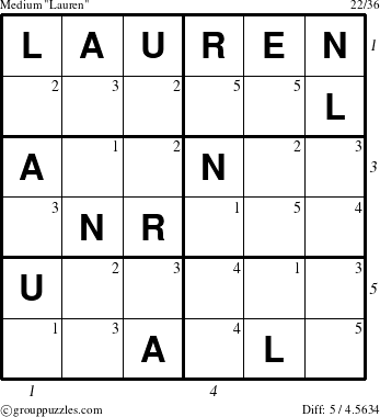 The grouppuzzles.com Medium Lauren puzzle for , suitable for printing, with all 5 steps marked