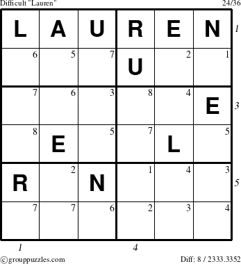 The grouppuzzles.com Difficult Lauren puzzle for , suitable for printing, with all 8 steps marked