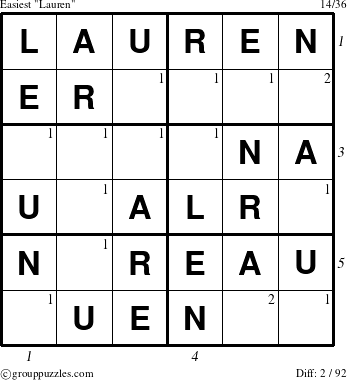 The grouppuzzles.com Easiest Lauren puzzle for , suitable for printing, with all 2 steps marked