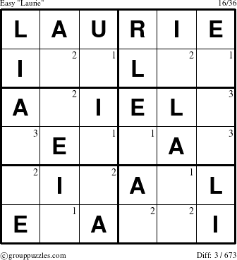 The grouppuzzles.com Easy Laurie puzzle for  with the first 3 steps marked