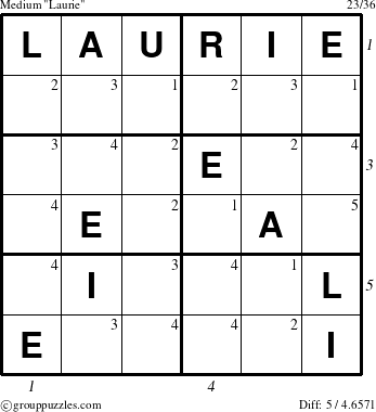 The grouppuzzles.com Medium Laurie puzzle for , suitable for printing, with all 5 steps marked