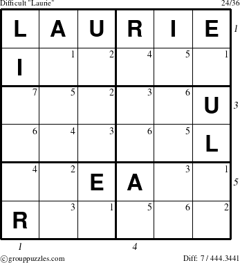 The grouppuzzles.com Difficult Laurie puzzle for  with all 7 steps marked