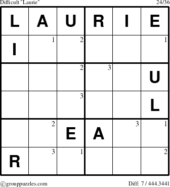 The grouppuzzles.com Difficult Laurie puzzle for  with the first 3 steps marked