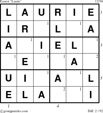 The grouppuzzles.com Easiest Laurie puzzle for , suitable for printing, with all 2 steps marked