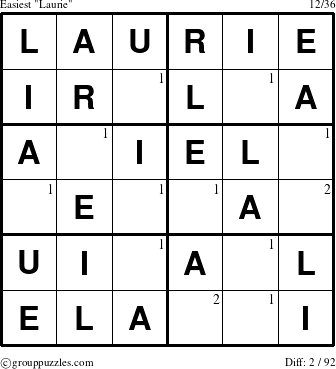 The grouppuzzles.com Easiest Laurie puzzle for  with the first 2 steps marked