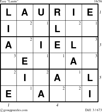 The grouppuzzles.com Easy Laurie puzzle for  with all 3 steps marked