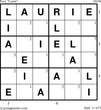 The grouppuzzles.com Easy Laurie puzzle for , suitable for printing, with all 3 steps marked