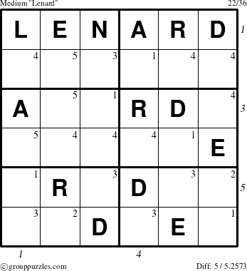 The grouppuzzles.com Medium Lenard puzzle for , suitable for printing, with all 5 steps marked