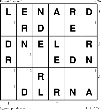 The grouppuzzles.com Easiest Lenard puzzle for , suitable for printing, with all 2 steps marked