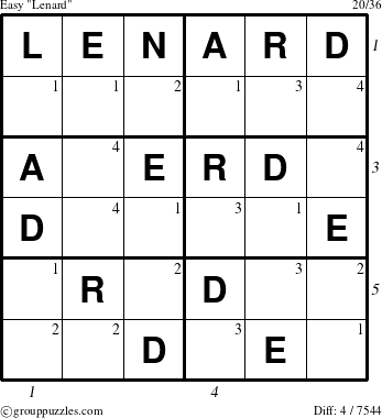 The grouppuzzles.com Easy Lenard puzzle for , suitable for printing, with all 4 steps marked