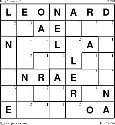 The grouppuzzles.com Easy Leonard puzzle for  with the first 3 steps marked