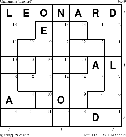 The grouppuzzles.com Challenging Leonard puzzle for , suitable for printing, with all 14 steps marked