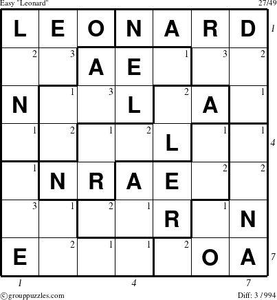 The grouppuzzles.com Easy Leonard puzzle for , suitable for printing, with all 3 steps marked