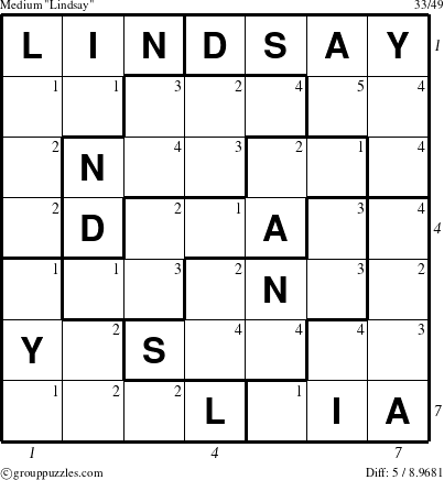 The grouppuzzles.com Medium Lindsay puzzle for , suitable for printing, with all 5 steps marked