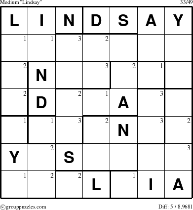 The grouppuzzles.com Medium Lindsay puzzle for  with the first 3 steps marked