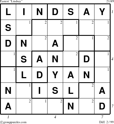 The grouppuzzles.com Easiest Lindsay puzzle for , suitable for printing, with all 2 steps marked