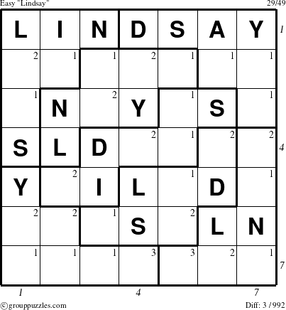 The grouppuzzles.com Easy Lindsay puzzle for , suitable for printing, with all 3 steps marked