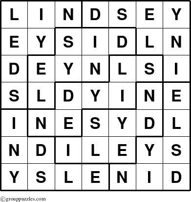 The grouppuzzles.com Answer grid for the Lindsey puzzle for 