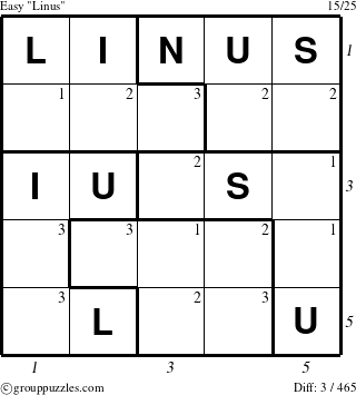 The grouppuzzles.com Easy Linus puzzle for , suitable for printing, with all 3 steps marked