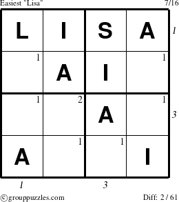 The grouppuzzles.com Easiest Lisa puzzle for , suitable for printing, with all 2 steps marked