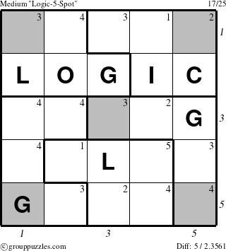 The grouppuzzles.com Medium Logic-5-Spot-r1 puzzle for , suitable for printing, with all 5 steps marked