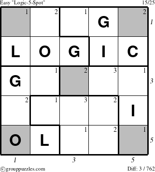 The grouppuzzles.com Easy Logic-5-Spot-r1 puzzle for , suitable for printing, with all 3 steps marked