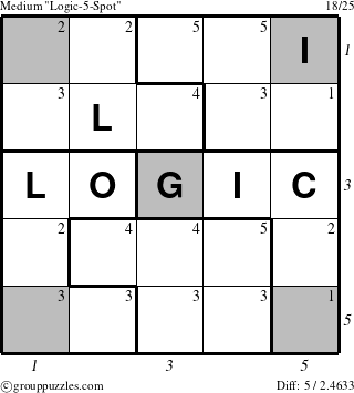 The grouppuzzles.com Medium Logic-5-Spot-r2 puzzle for , suitable for printing, with all 5 steps marked