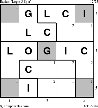 The grouppuzzles.com Easiest Logic-5-Spot-r2 puzzle for , suitable for printing, with all 2 steps marked