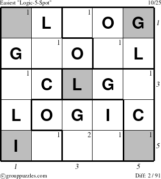 The grouppuzzles.com Easiest Logic-5-Spot-r3 puzzle for , suitable for printing, with all 2 steps marked